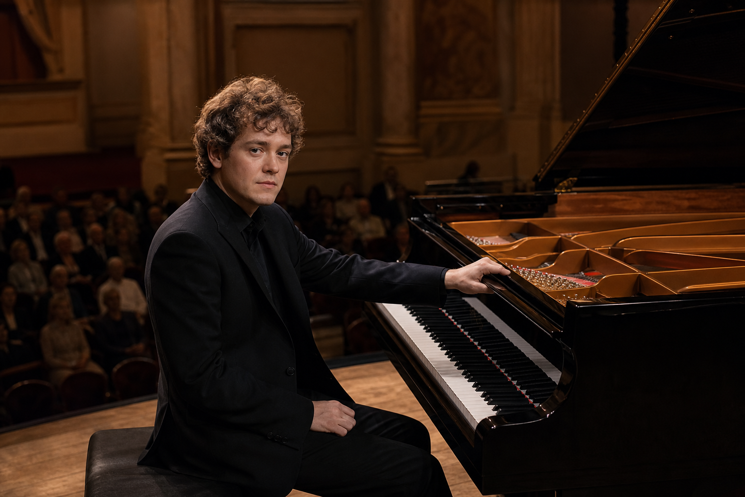 London recital hall grand piano evoking Benjamin Grosvenor concert listening culture