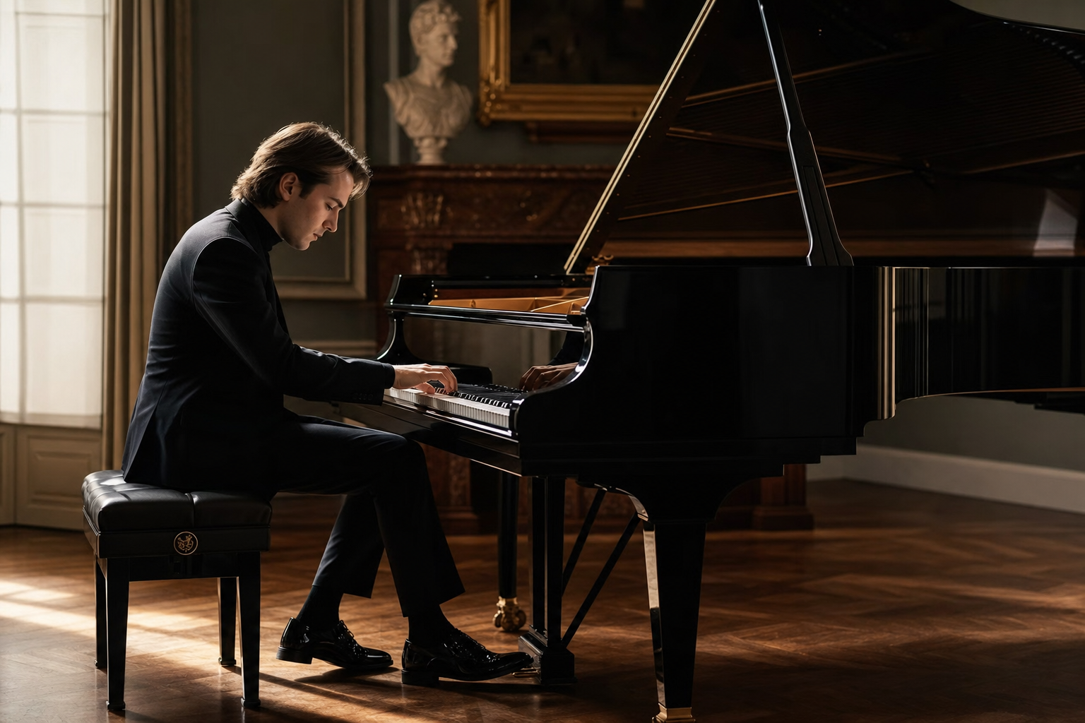 Concert pianist at a grand piano representing Daniil Trifonov biography and artistic ascent