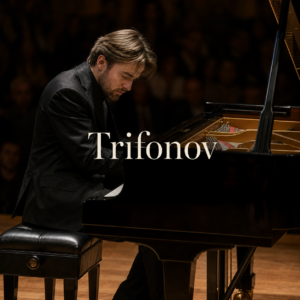 Daniil Trifonov in London article hero image with centred Trifonov title at a grand piano