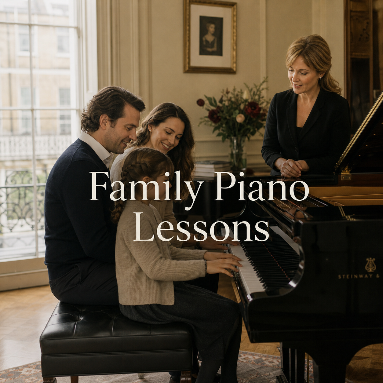 Family piano lessons in a London studio with parent, child and teacher at a grand piano
