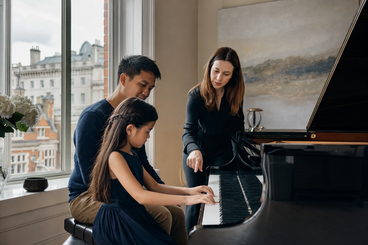 Parent and child sharing a first family piano lesson with a London teacher