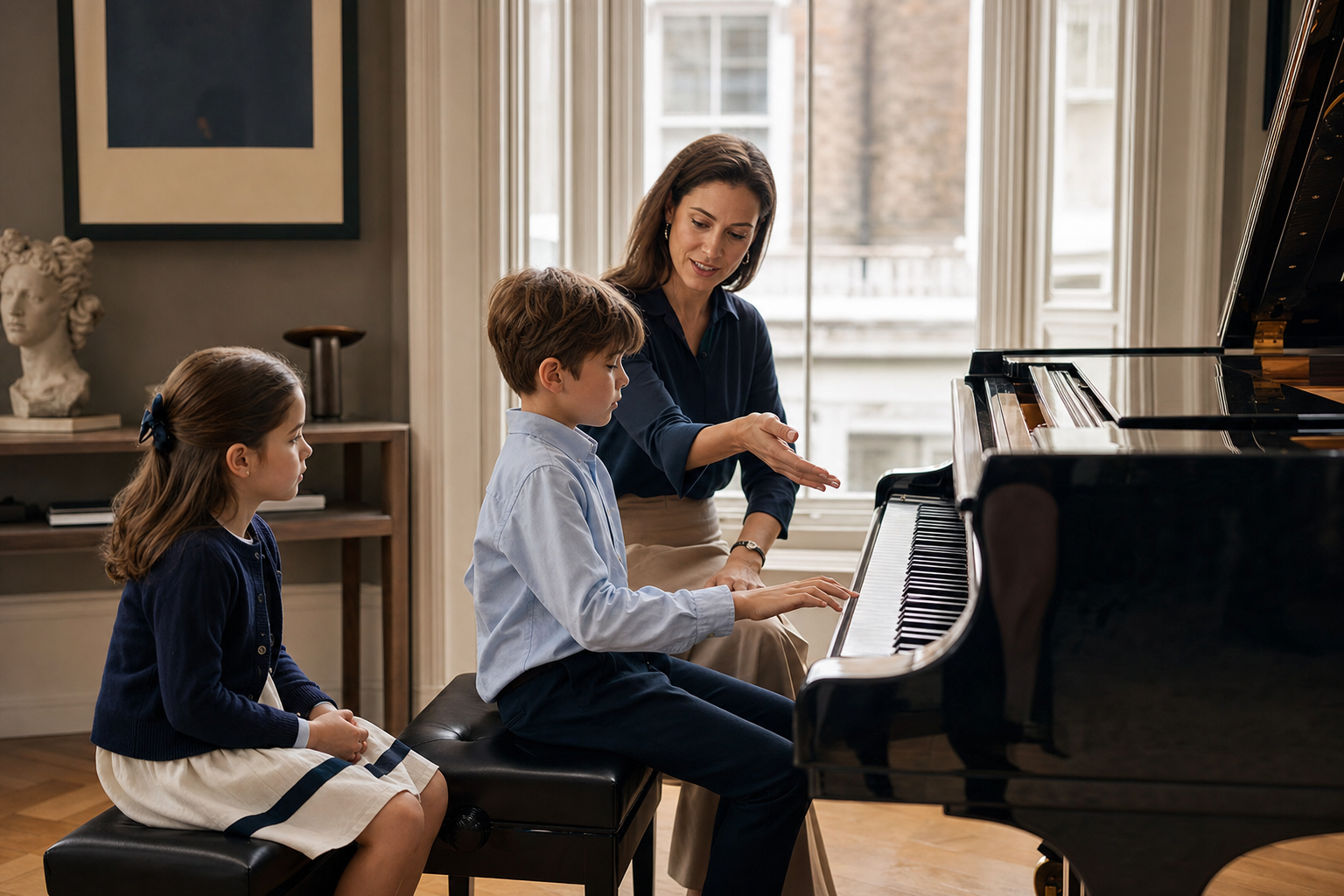 Siblings sharing a family piano lesson with calm turn taking
