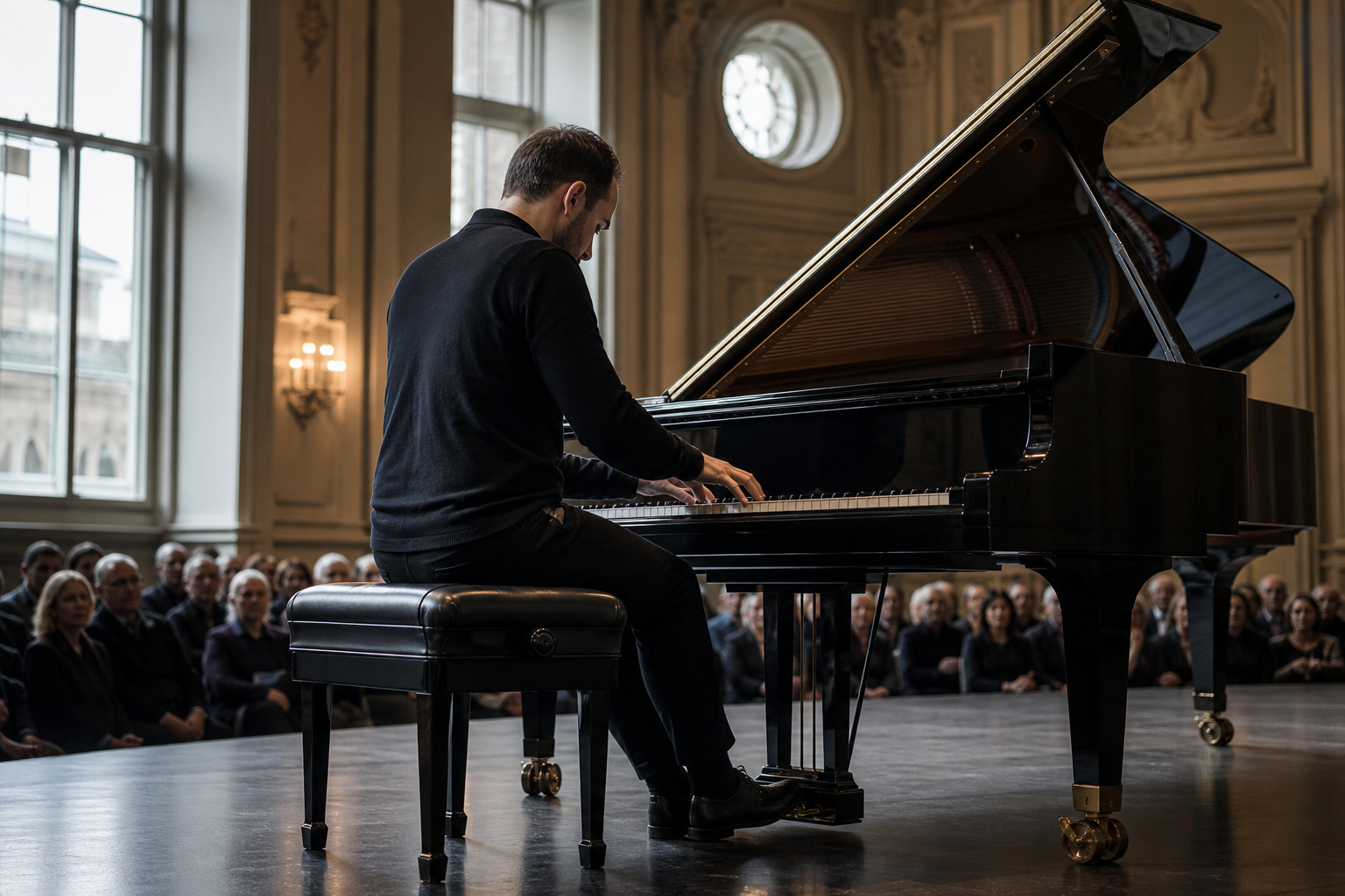 Igor Levit artistic profile represented by a pianist at a complete grand piano before a London audience