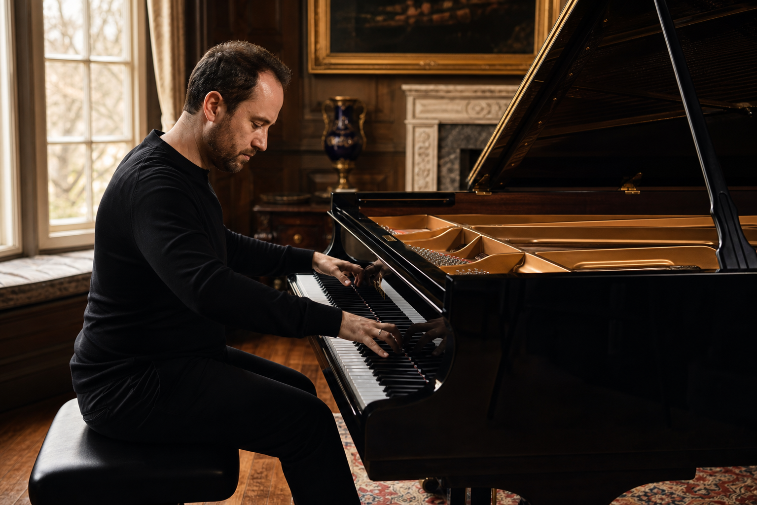 Igor Levit Bach listening and counterpoint represented by an adult pianist at a complete grand piano