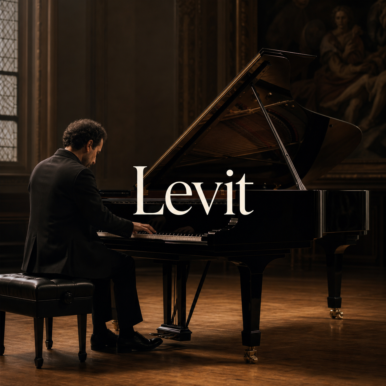 Igor Levit in London article hero image with centred Levit title at a grand piano