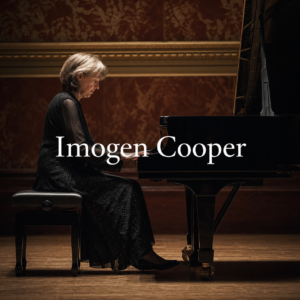 Imogen Cooper in London article hero with centred Imogen Cooper title at a recital grand piano