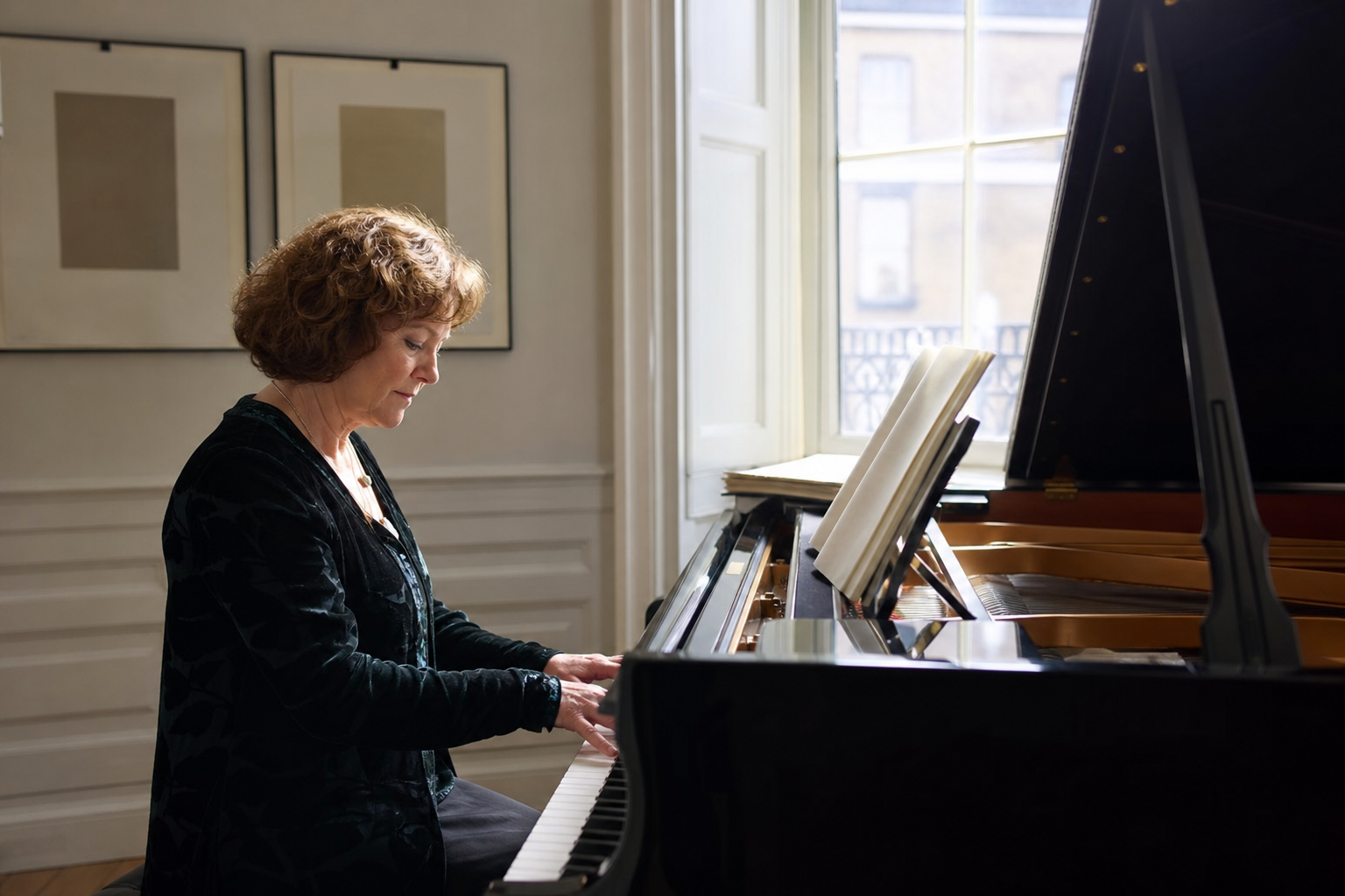 London practice room and grand piano evoking Imogen Cooper biography and musical formation