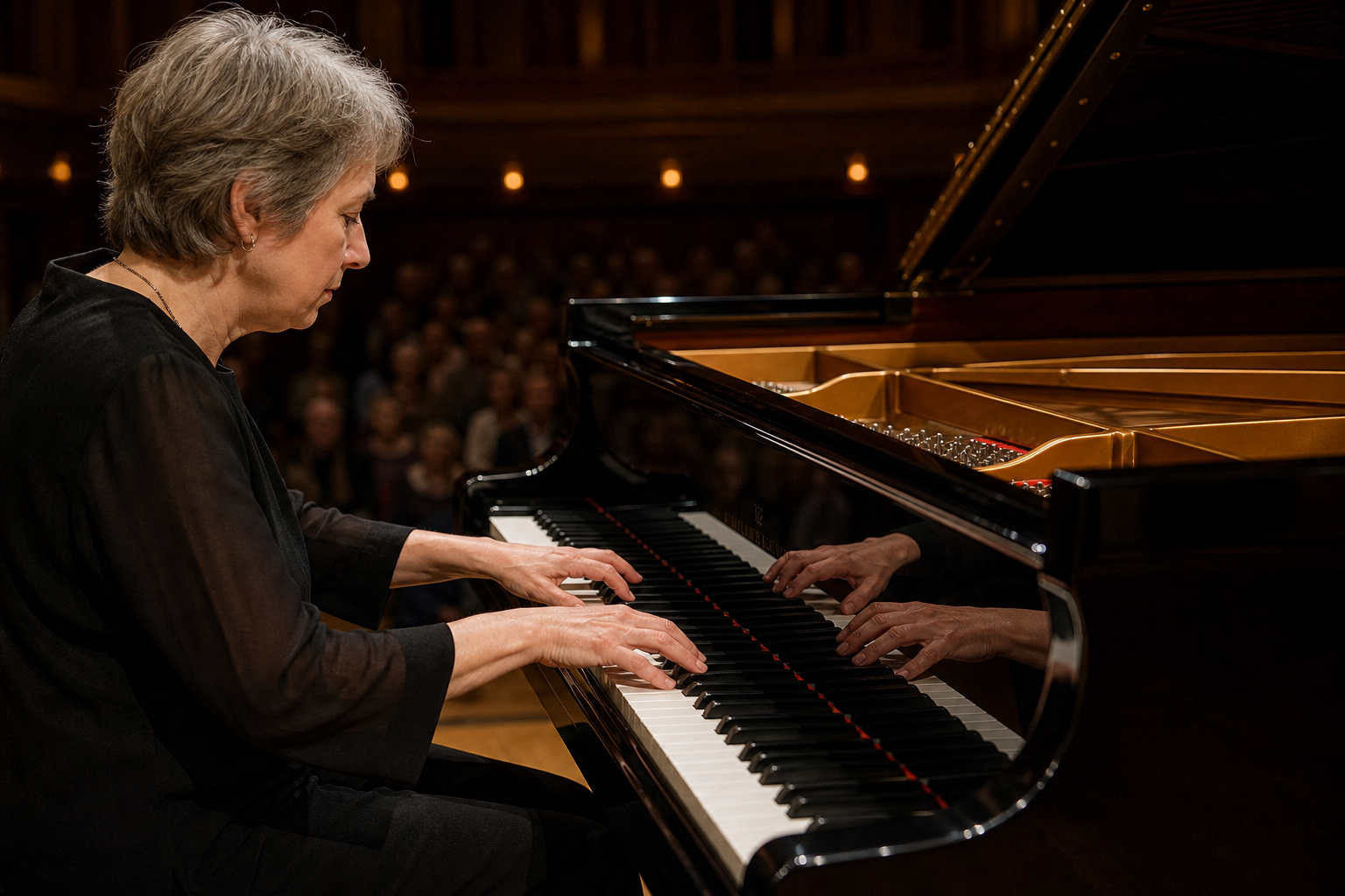 Pianist hands at a grand piano for Imogen Cooper Schubert Mozart and Beethoven listening analysis