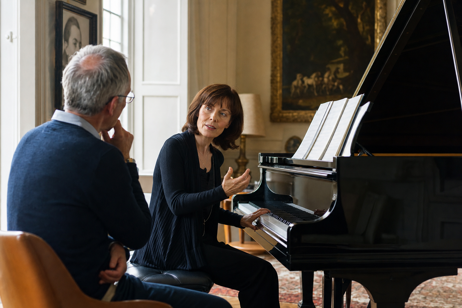 Adult piano lesson listening to Imogen Cooper interpretive legacy at a grand piano