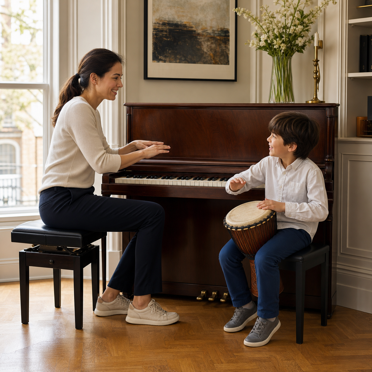 Family sharing a playful musical echo game beside an upright piano