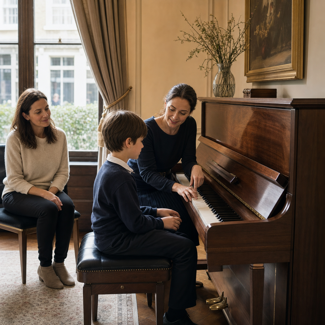 Child beginning a responsive piano lesson with a teacher while a parent observes