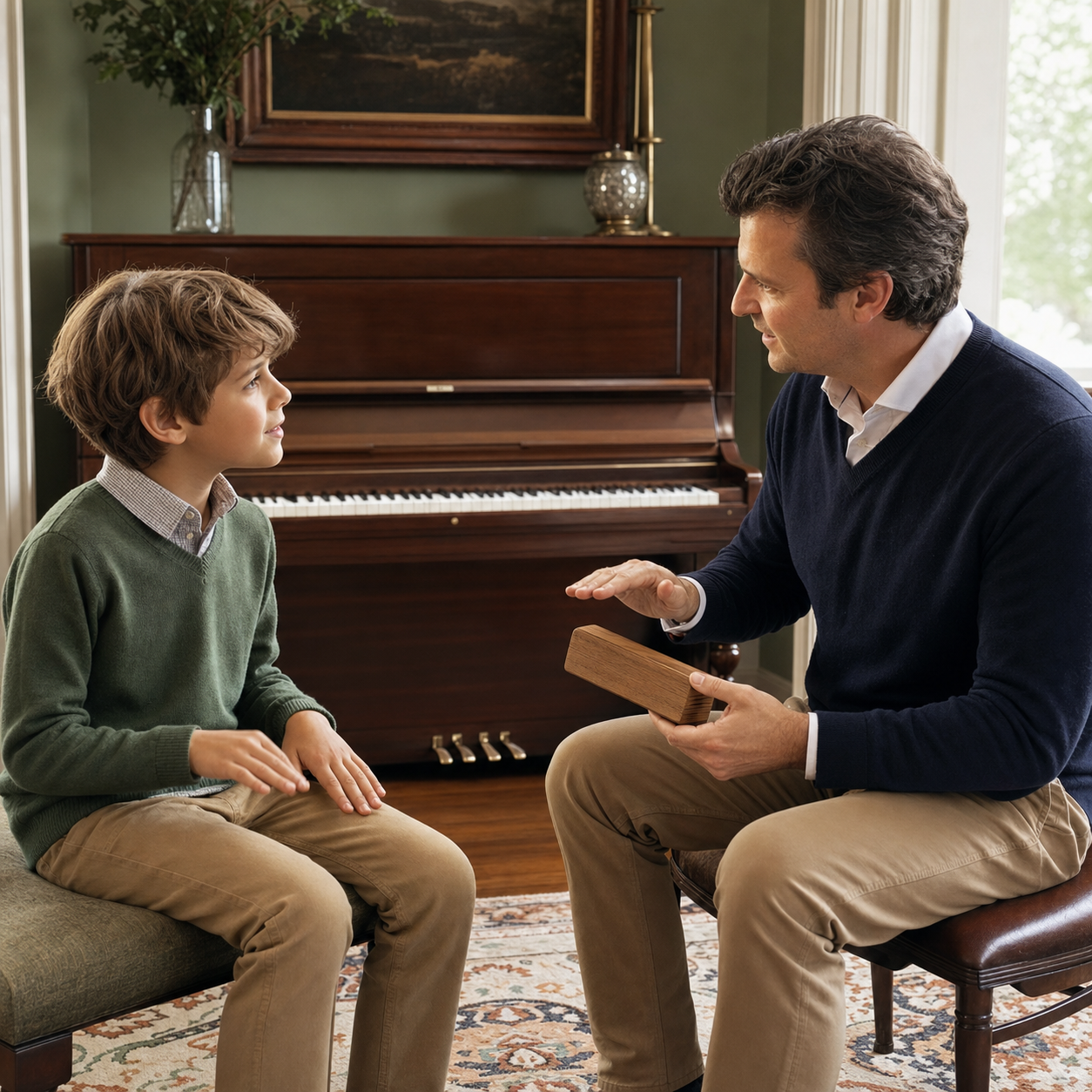 Child listening closely and copying a simple rhythm with a parent