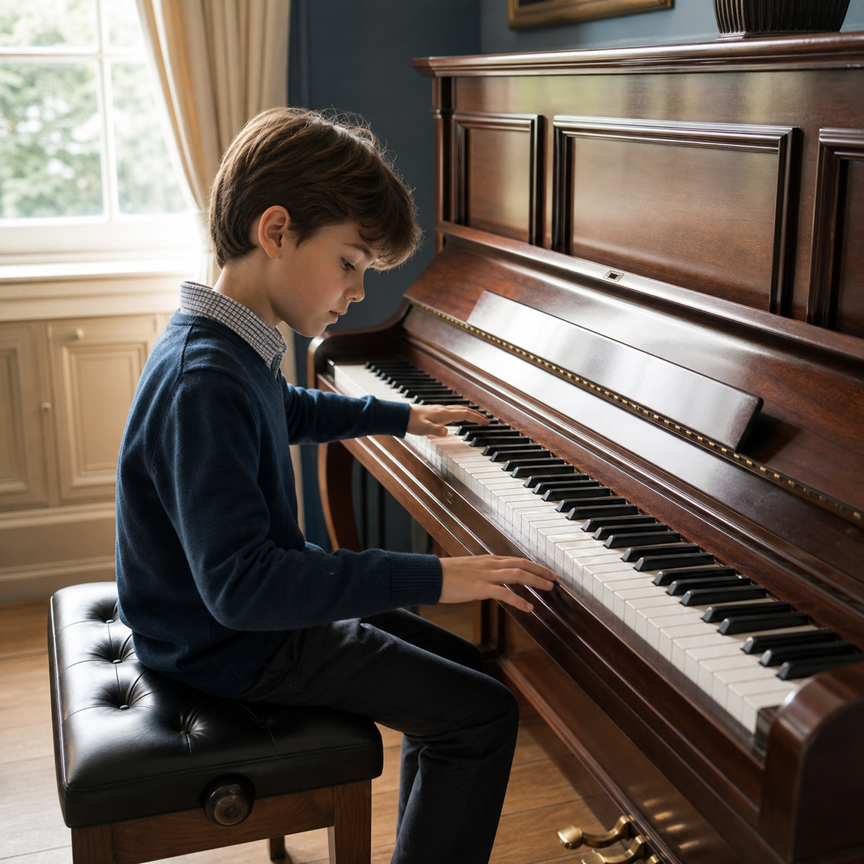 Thoughtful child exploring contrasting sounds at a piano without performance pressure