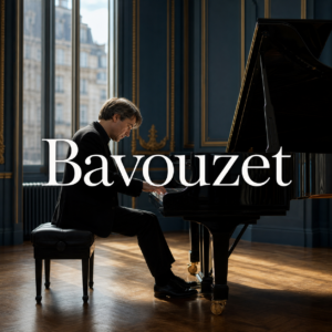 Jean-Efflam Bavouzet in London listening guide with centred Bavouzet title at a grand piano