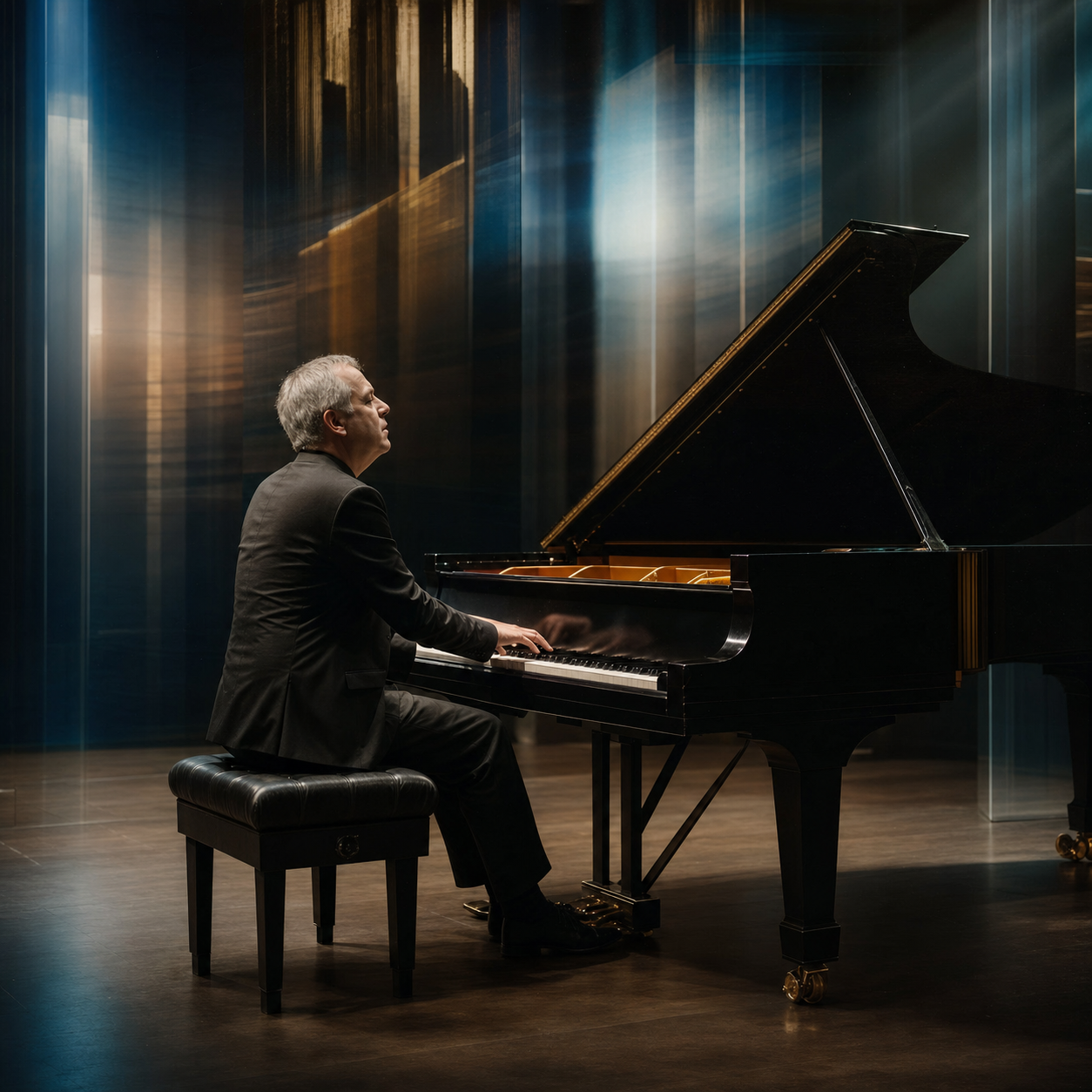 Jeremy Denk performing Charles Ives amid layered light and musical tension