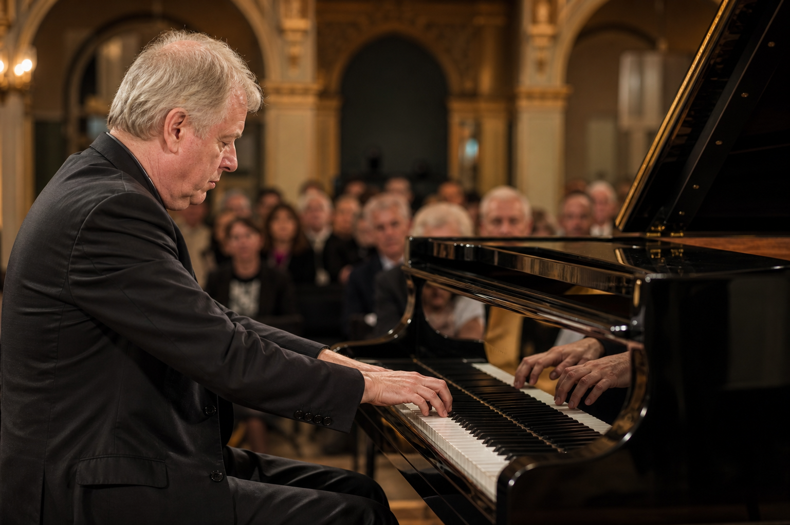 Mature pianist performing Beethoven at a concert grand for John Lill interpretive profile