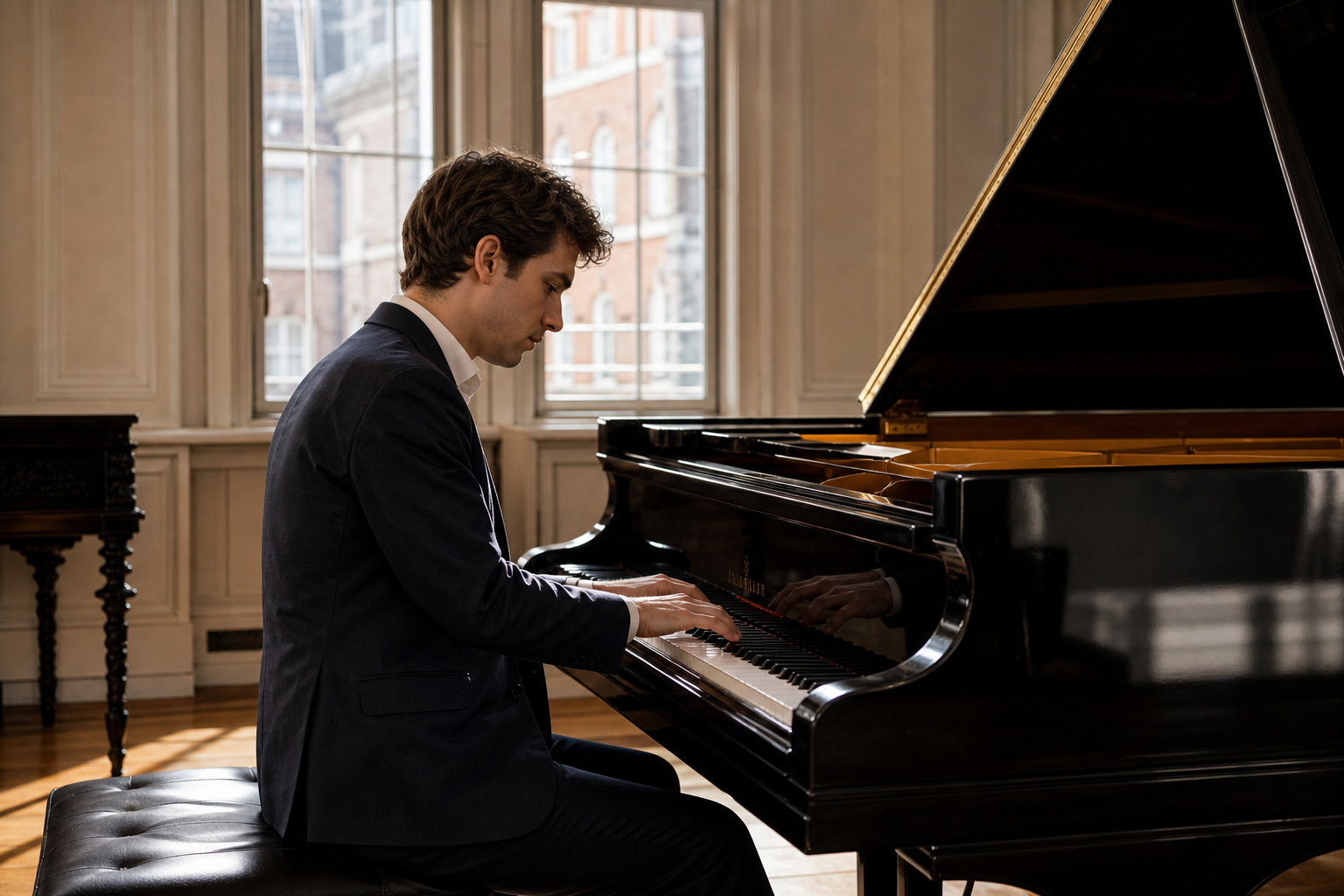 Young pianist at a grand piano evoking John Lill early training at the Royal College of Music