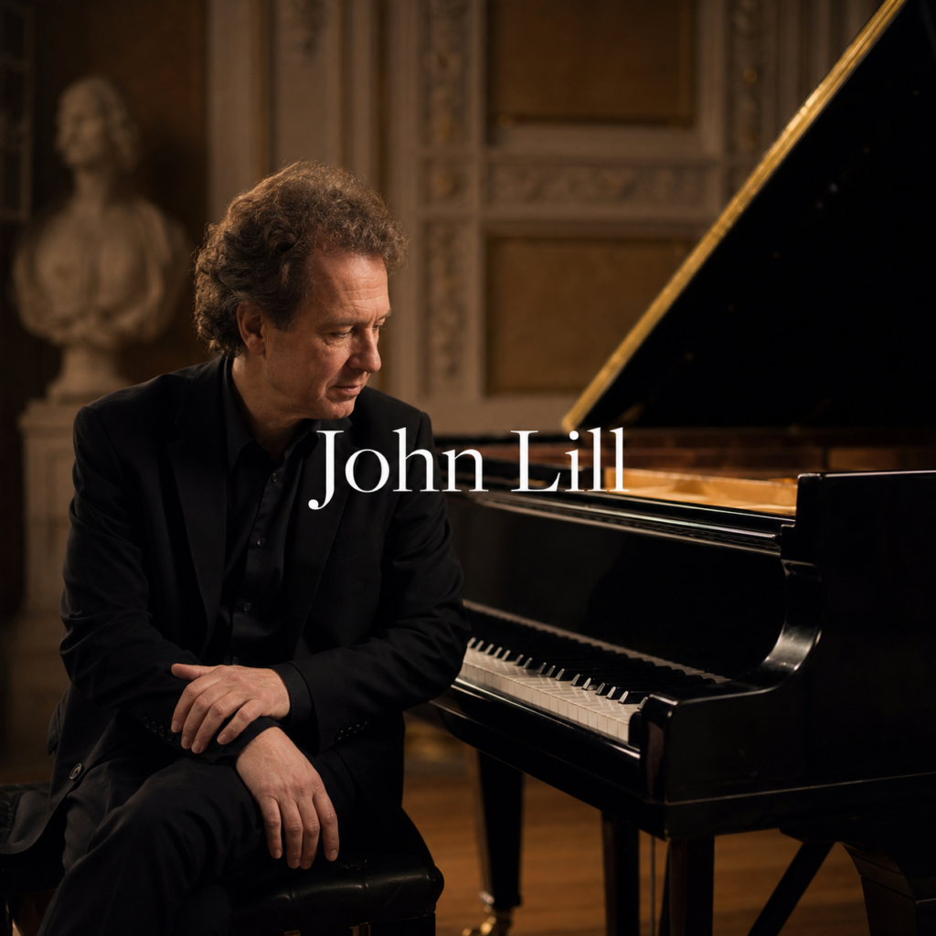 John Lill article hero with centred John Lill title beside a London recital grand piano
