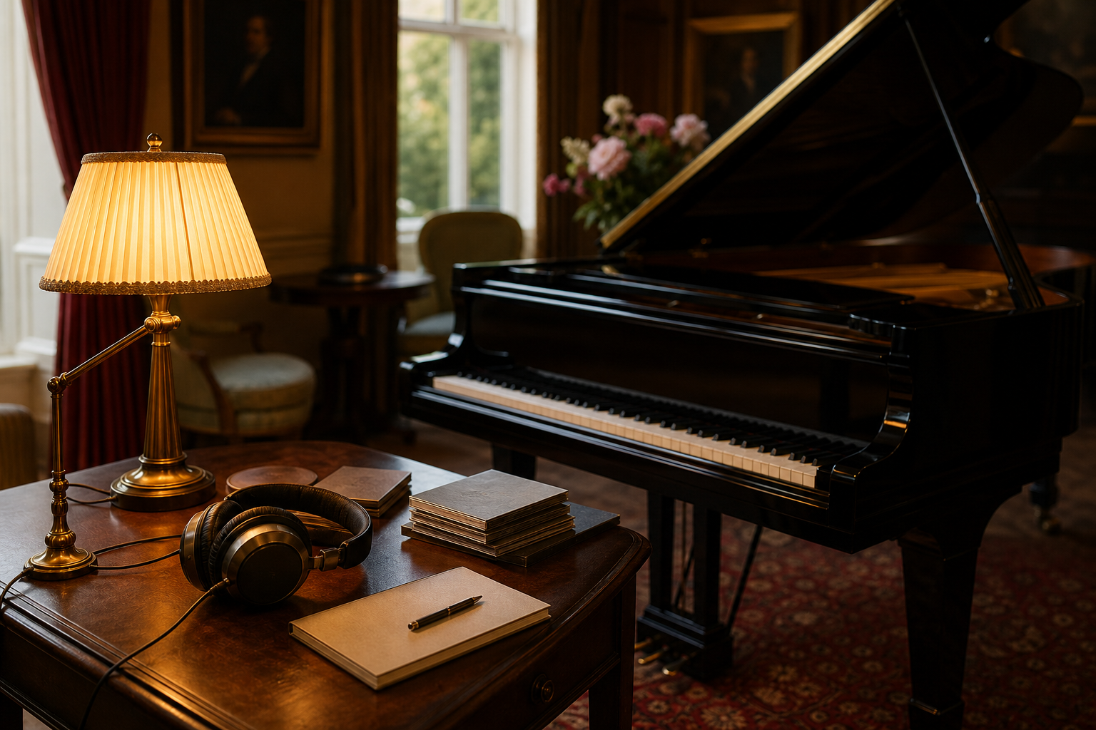 Listening room with grand piano and headphones for a John Lill recordings roadmap