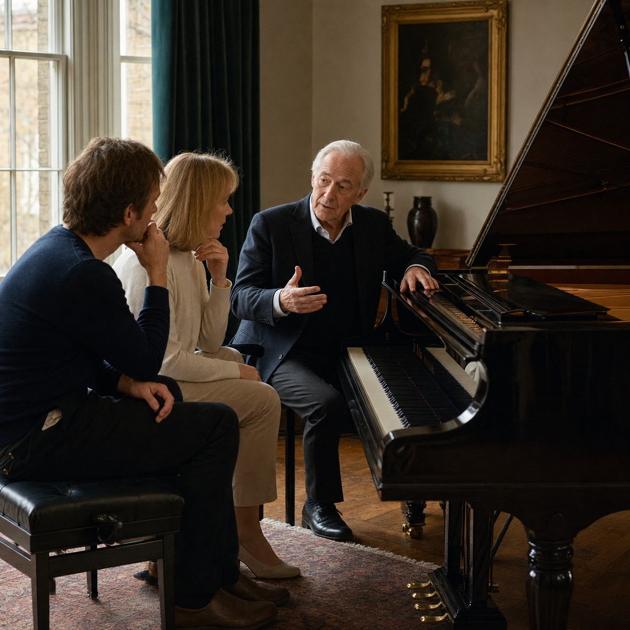 Adult pianists discussing Jorge Bolet listening ideas in a London studio