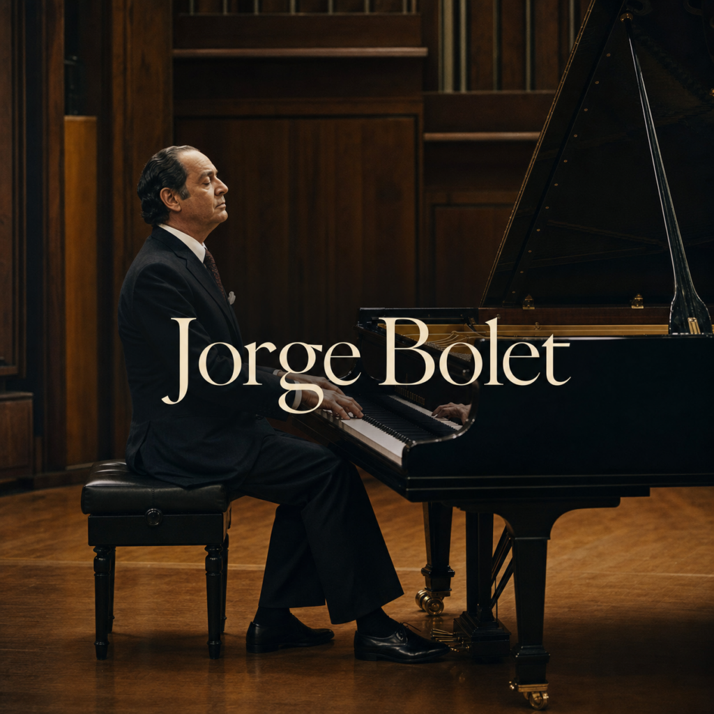 Jorge Bolet at a grand piano in an elegant London recital hall