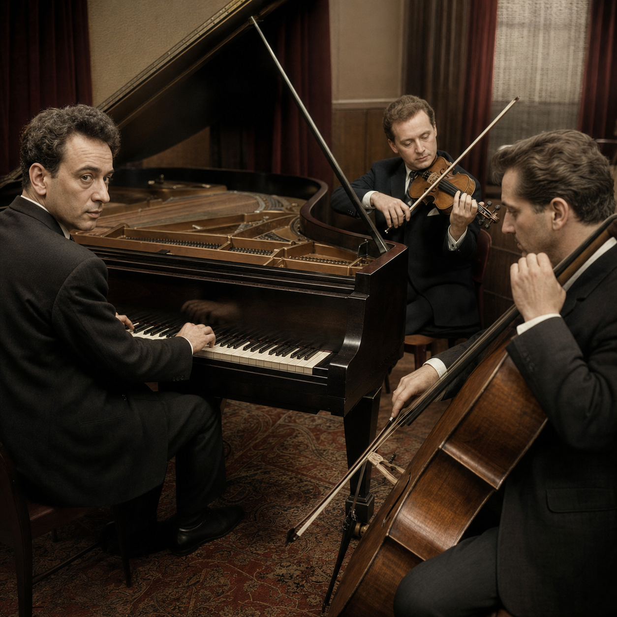 Julius Katchen rehearsing Brahms chamber music with violin and cello