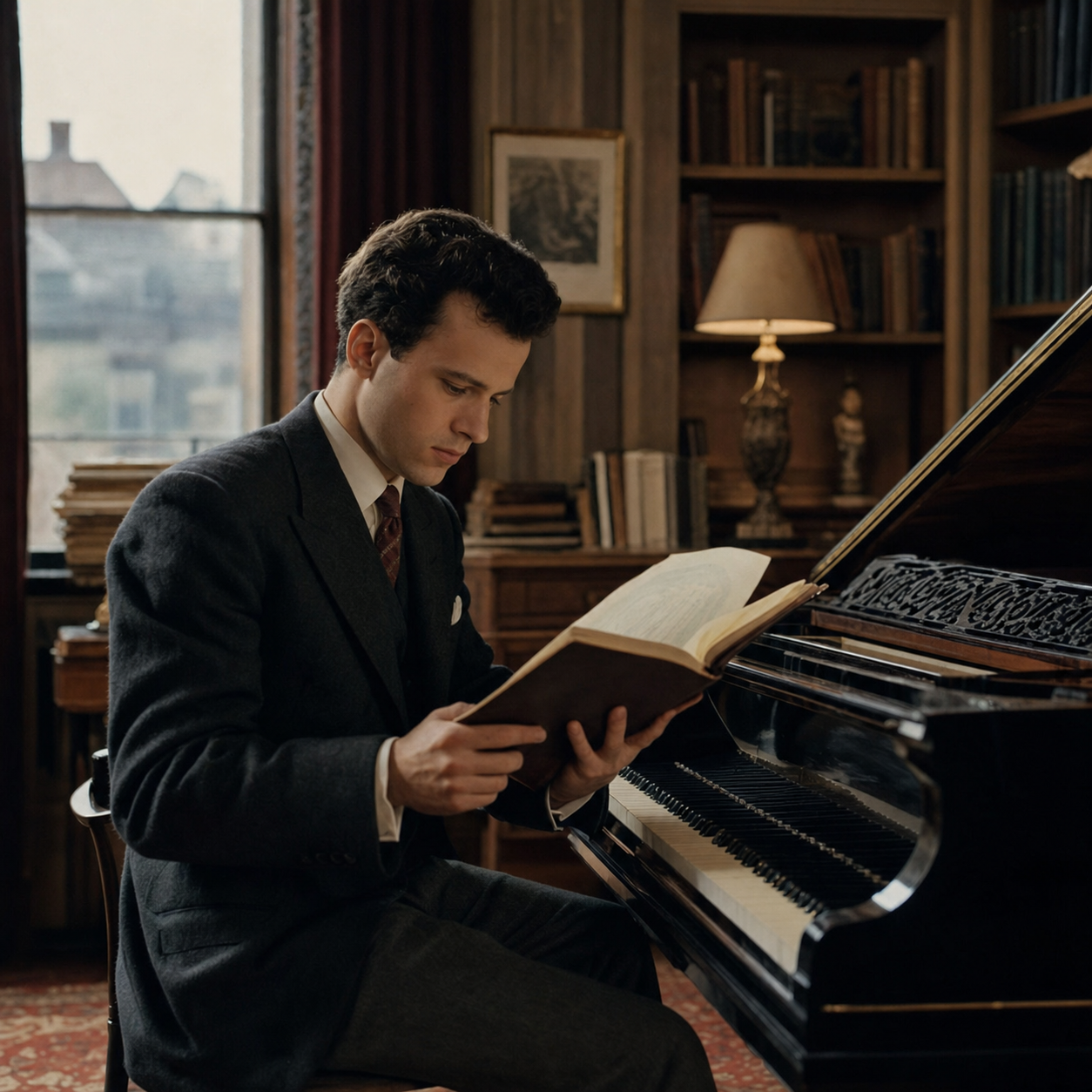Young Julius Katchen studying a Brahms score beside a grand piano