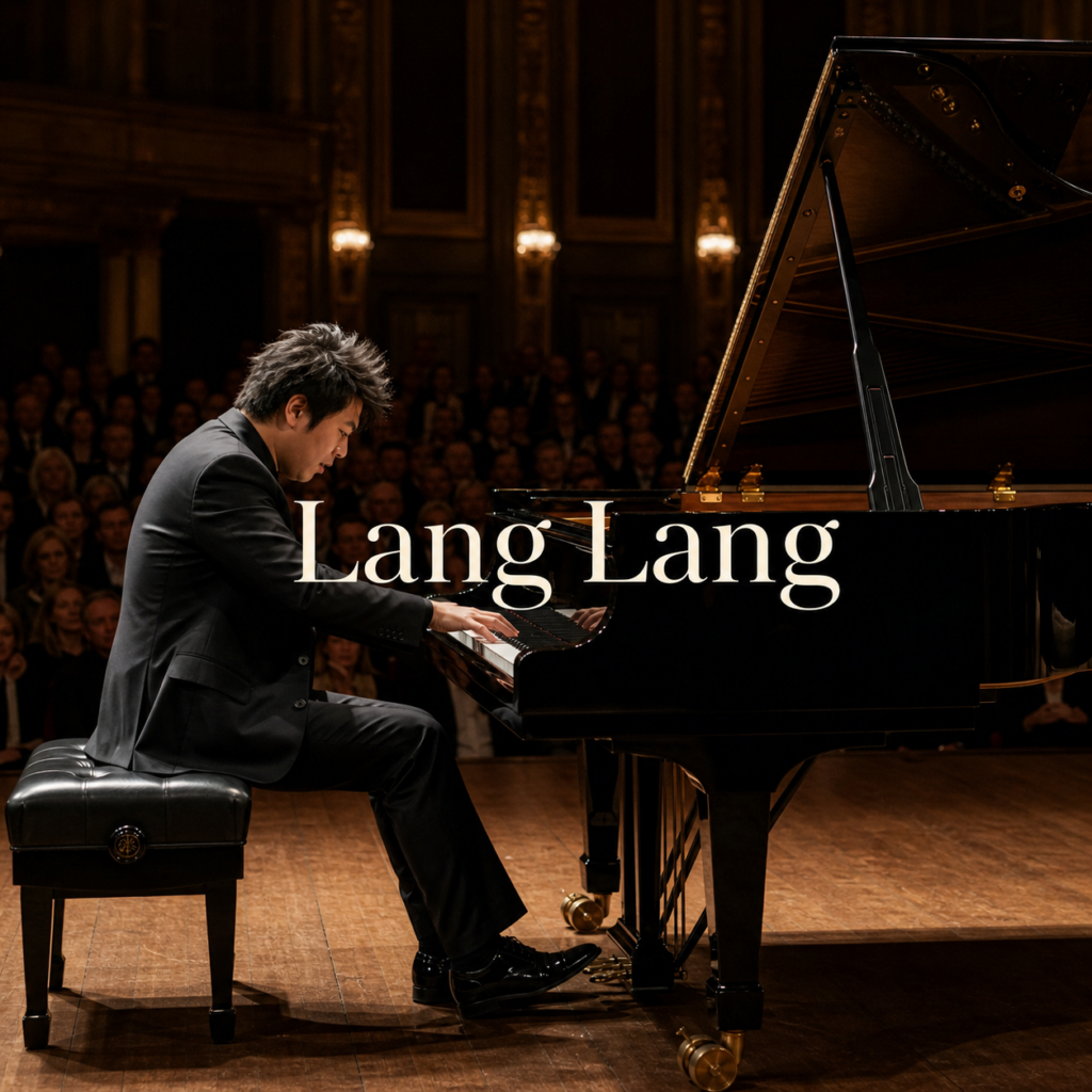 Lang Lang in London hero image with centred title at a concert grand piano