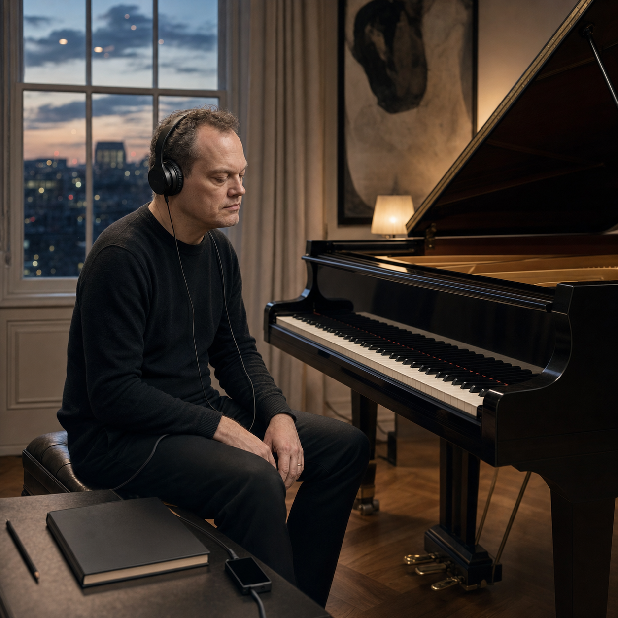 Adult pianist listening beside a grand piano in London