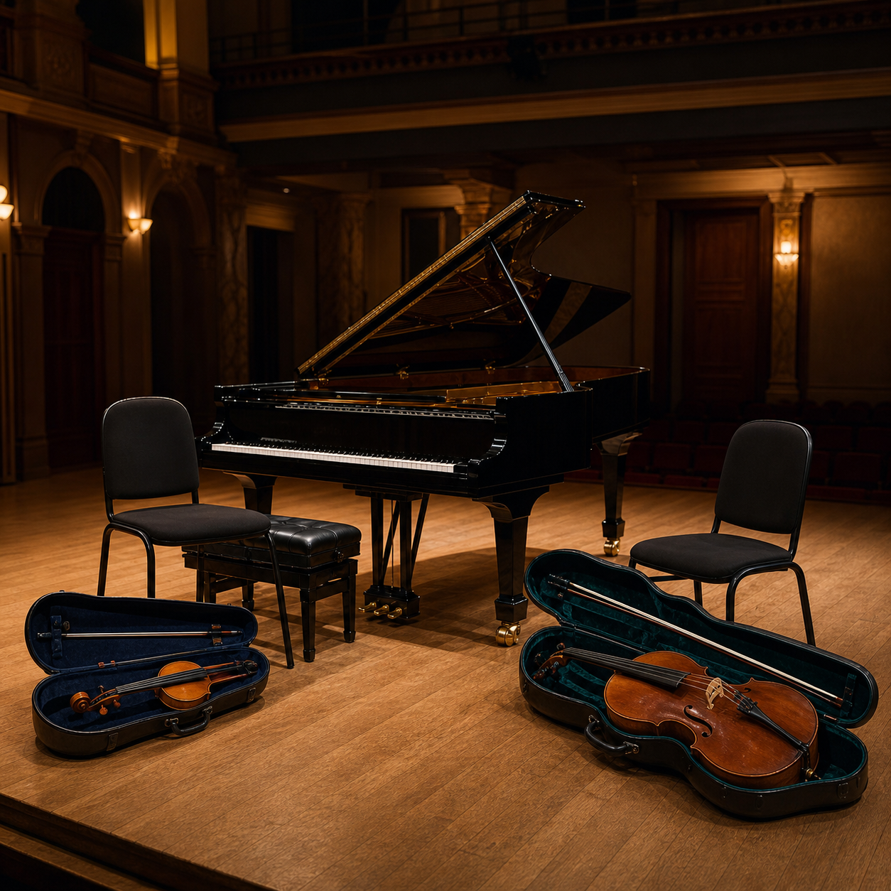 Grand piano and string instruments after a chamber concert