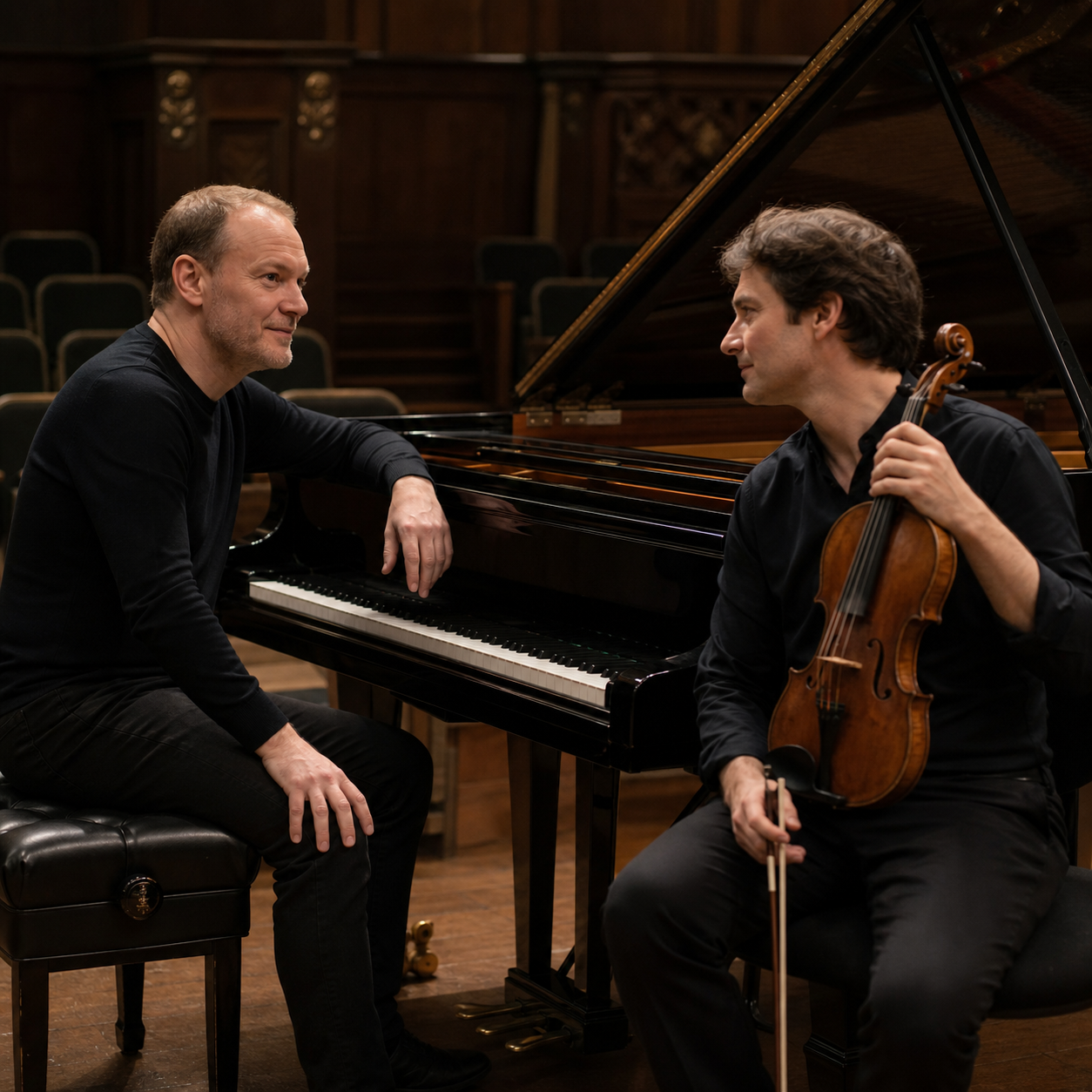 Lars Vogt listening across the piano to a violinist