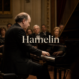 Marc Andre Hamelin article hero with centred Hamelin title at a London recital grand piano