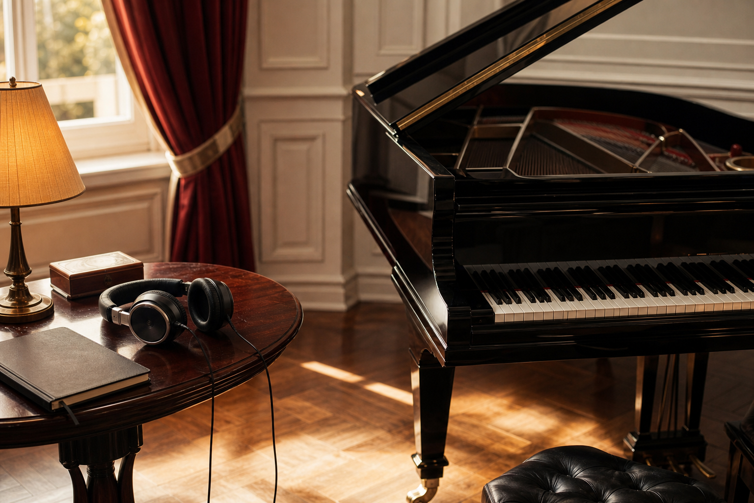 Listening table beside a concert grand for Marc Andre Hamelin recordings and serious piano listening