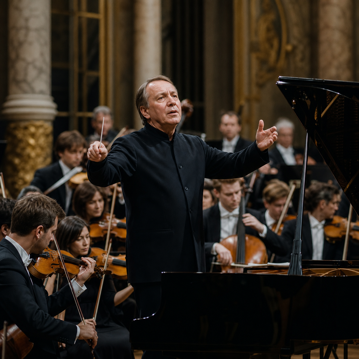 Mikhail Pletnev conducting an orchestra beside a grand piano