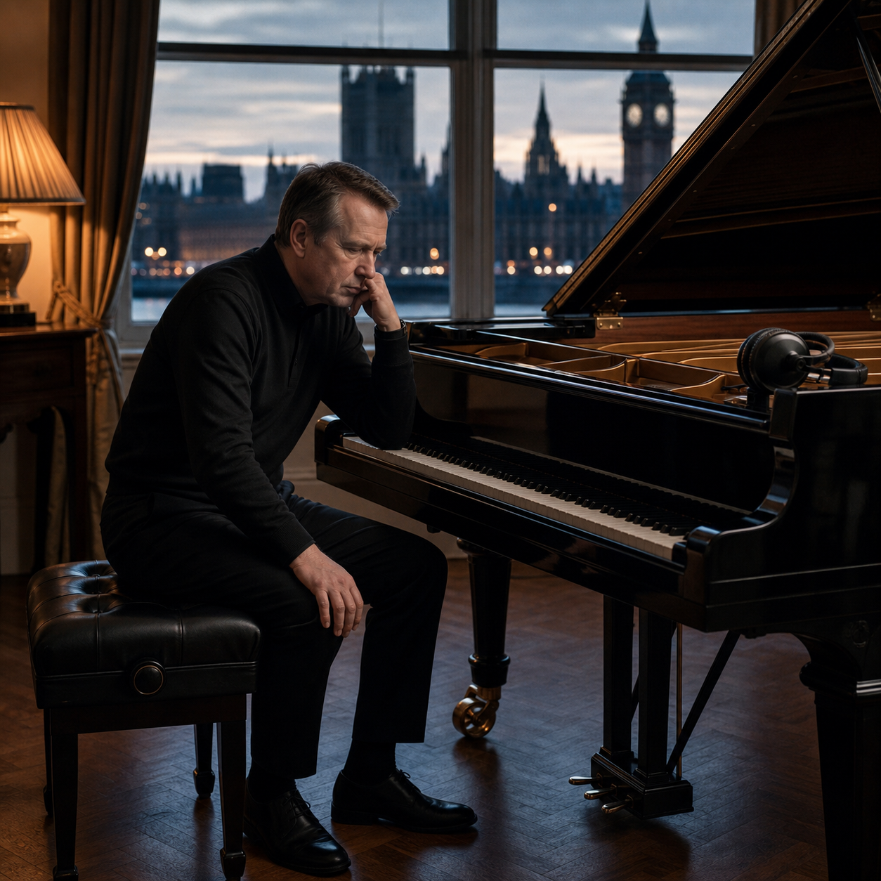 Adult pianist listening attentively beside a grand piano in London