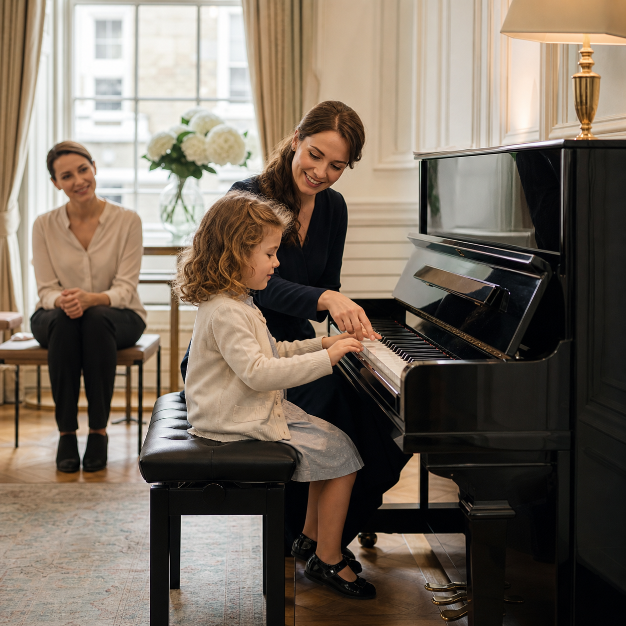 First piano steps with a responsive teacher Young child taking age-appropriate first piano steps with a teacher and parent