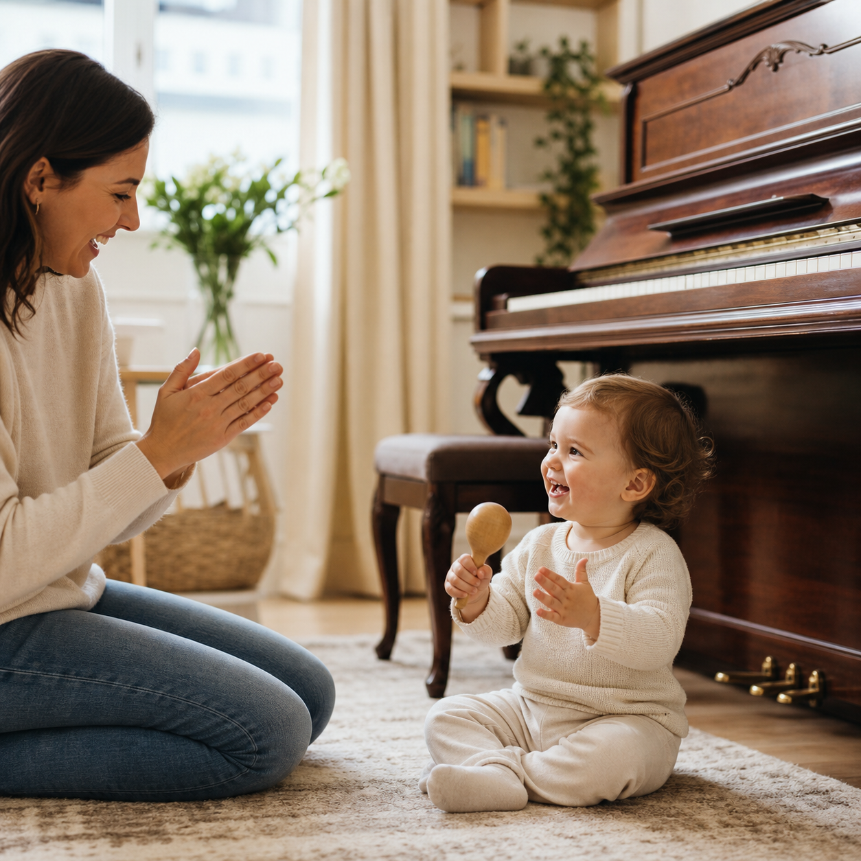 Rhythm and imitation for toddlers Toddler copying a simple rhythm during parent-child musical play