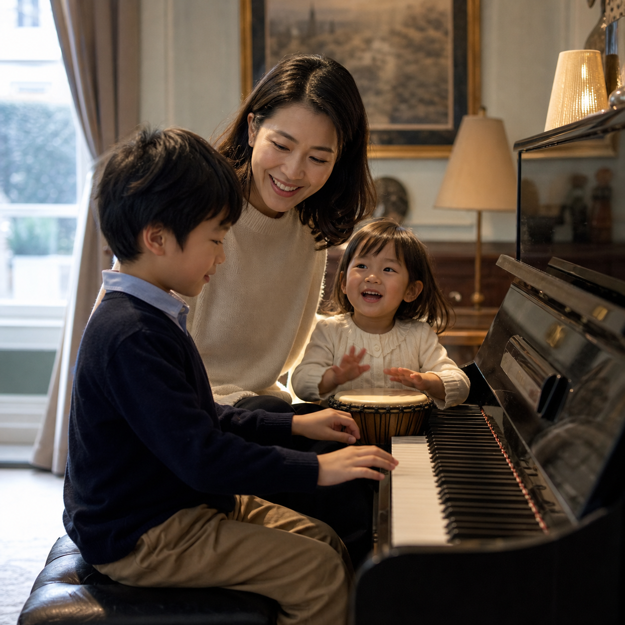 Family sharing songs, rhythm and a short piano pattern in a warm home routine