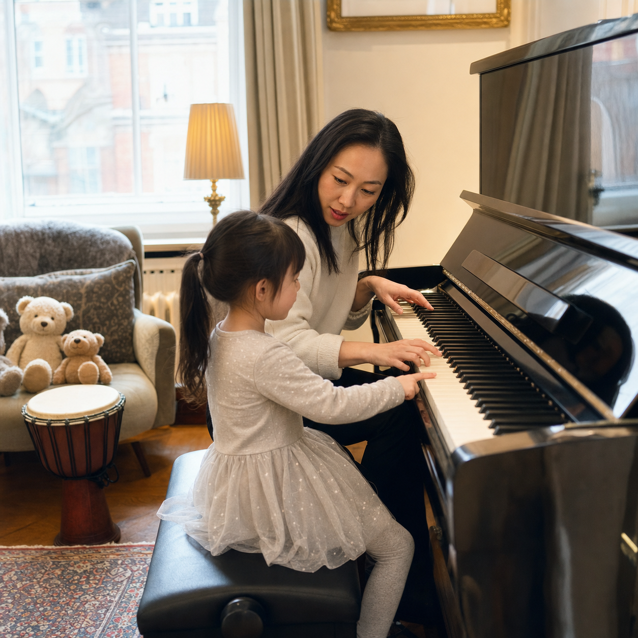 Young child and parent exploring high and low piano sounds as part of music language development