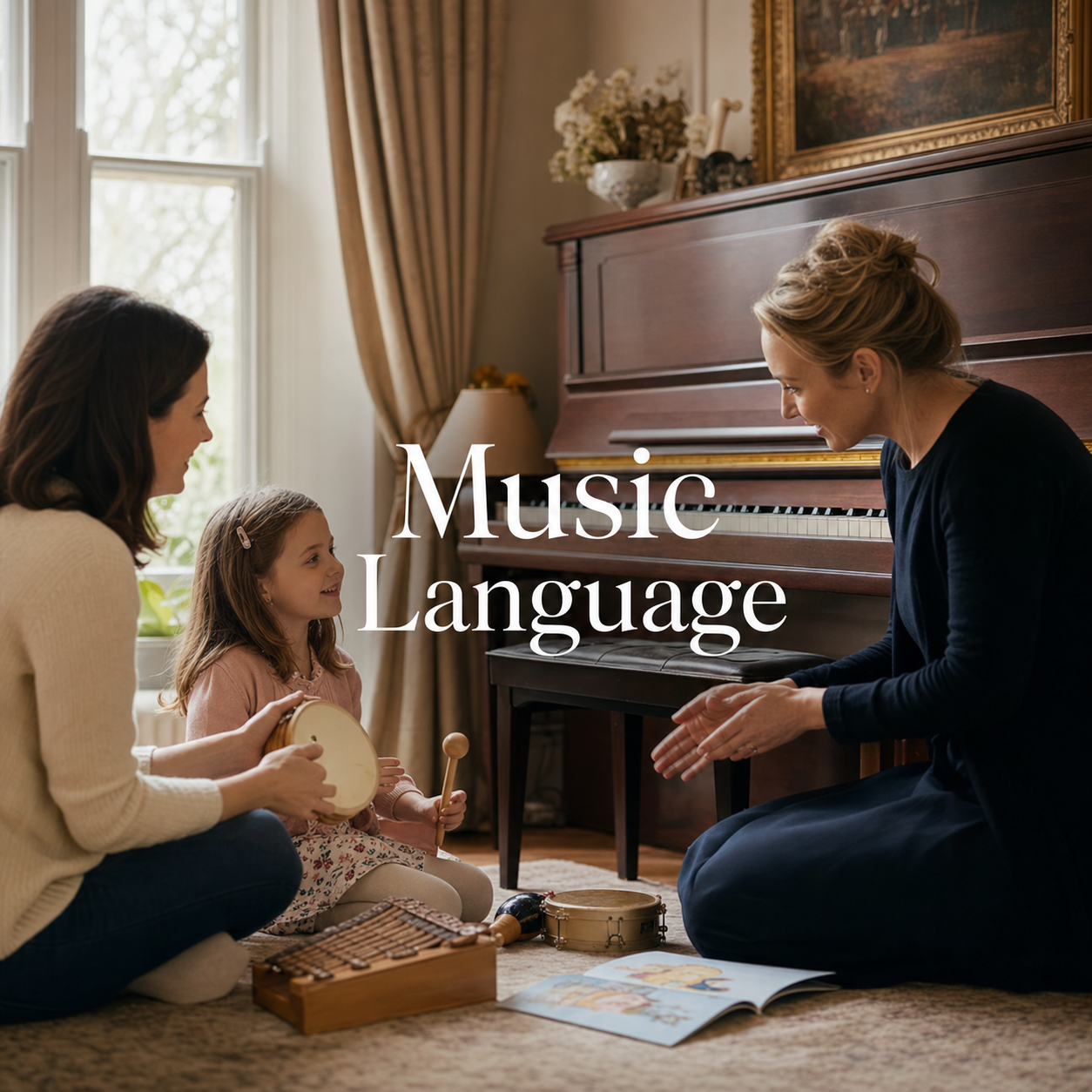 Music language development through shared rhythm, listening and early piano with a young child, parent and teacher