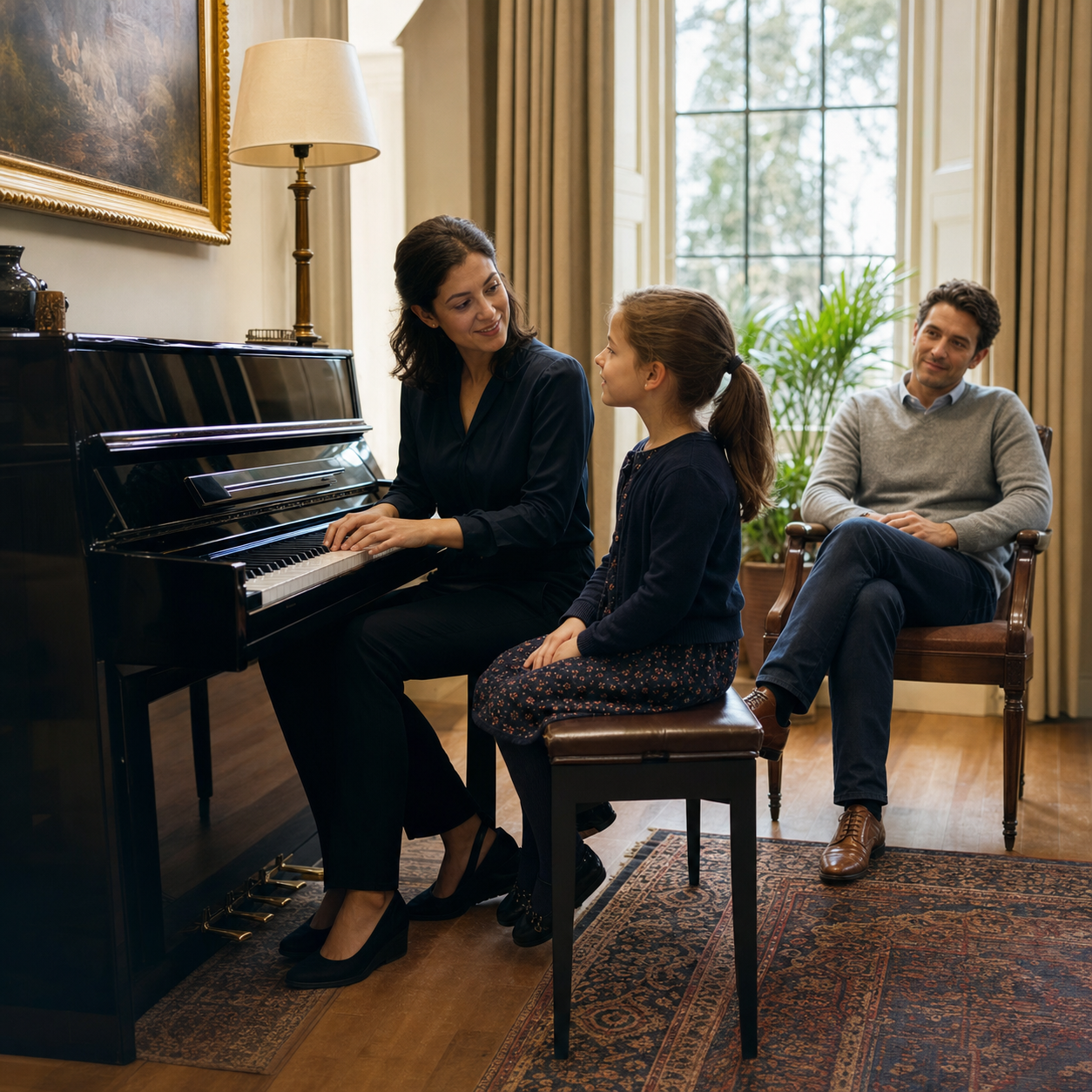 Piano teacher and young pupil using listening and turn-taking while a parent observes
