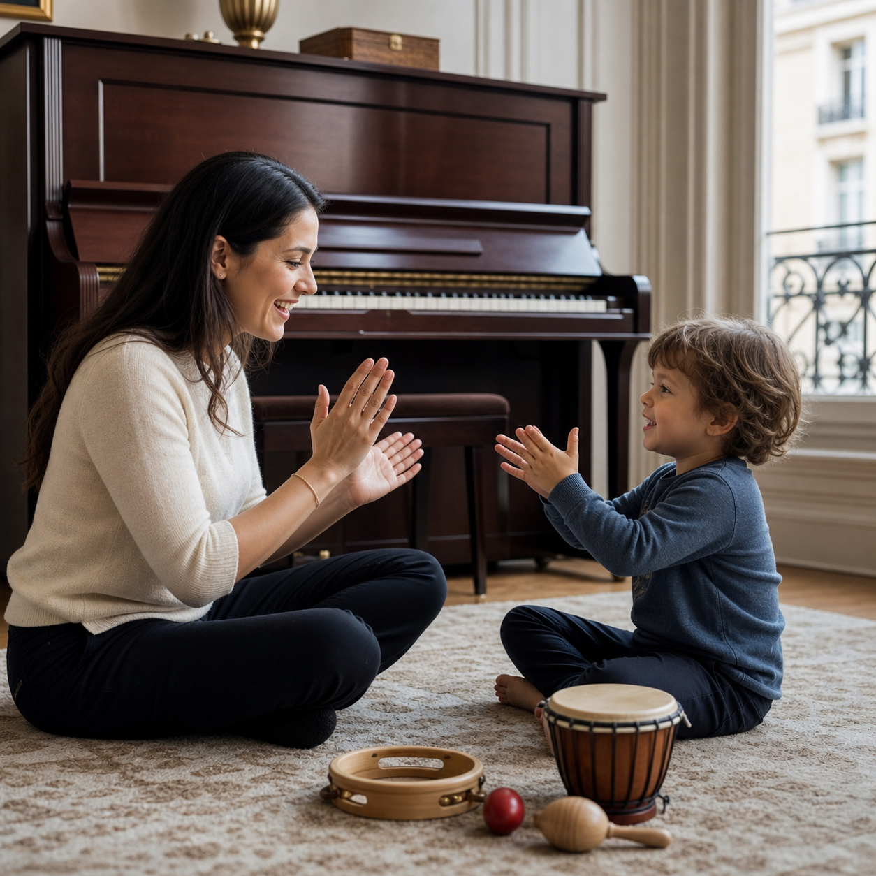 Parent and young child practising musical turn-taking with clapping and rhythm instruments