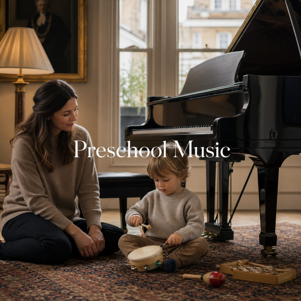 music lessons for preschoolers with parent and child exploring rhythm beside a piano