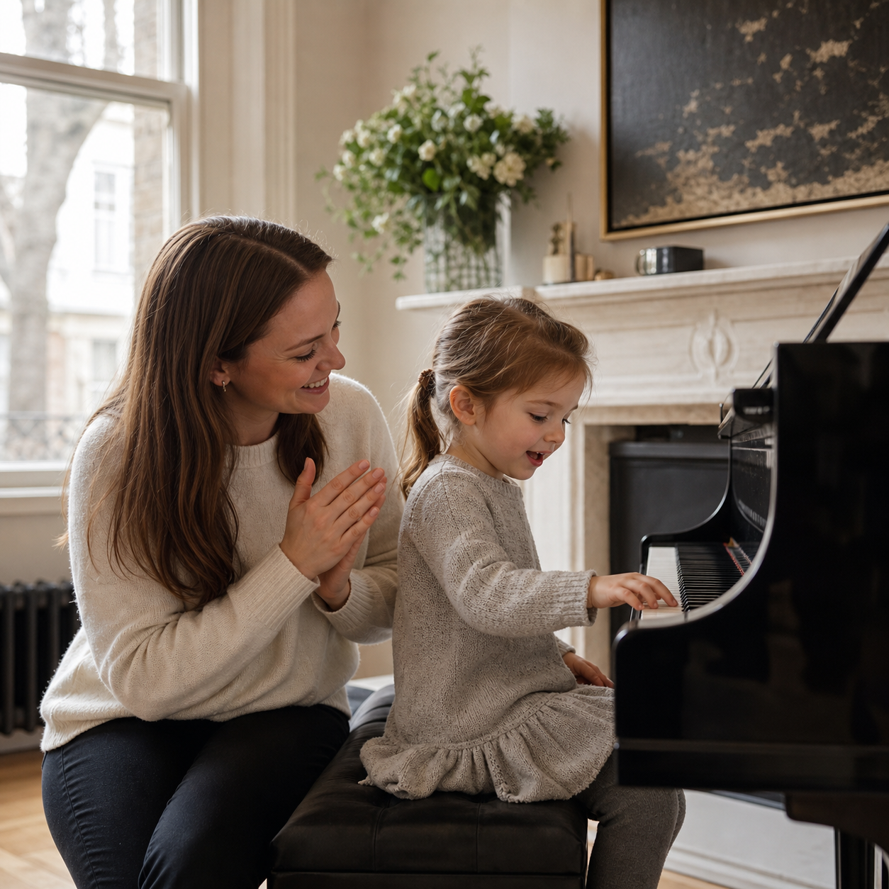 parent supporting a short preschool home music routine at the piano