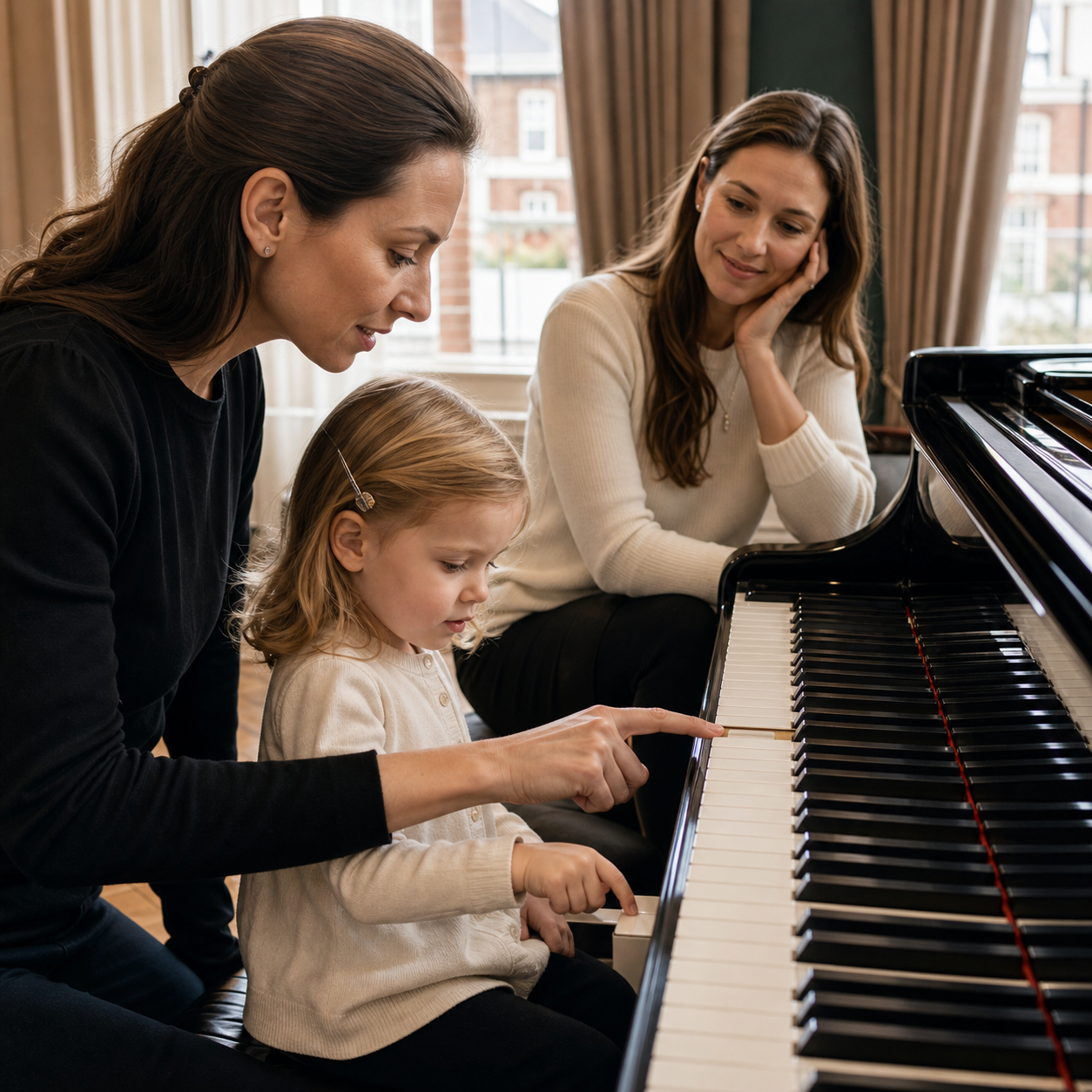 preschool child exploring first piano keys with teacher guidance
