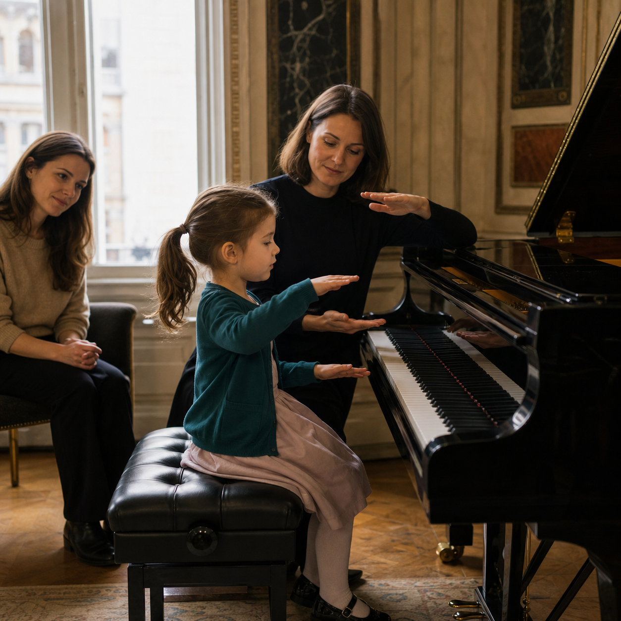 preschool child showing musical readiness with piano teacher and parent