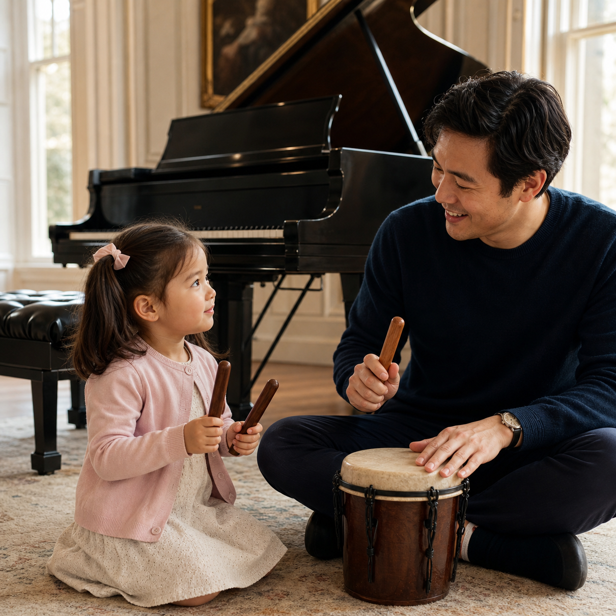 parent and preschool child practising rhythm games beside a piano