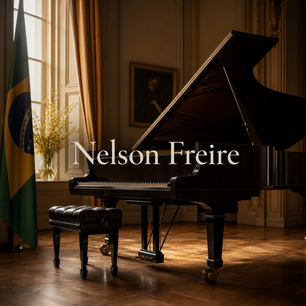 Nelson Freire article hero with centred Nelson Freire title beside a refined London recital grand piano