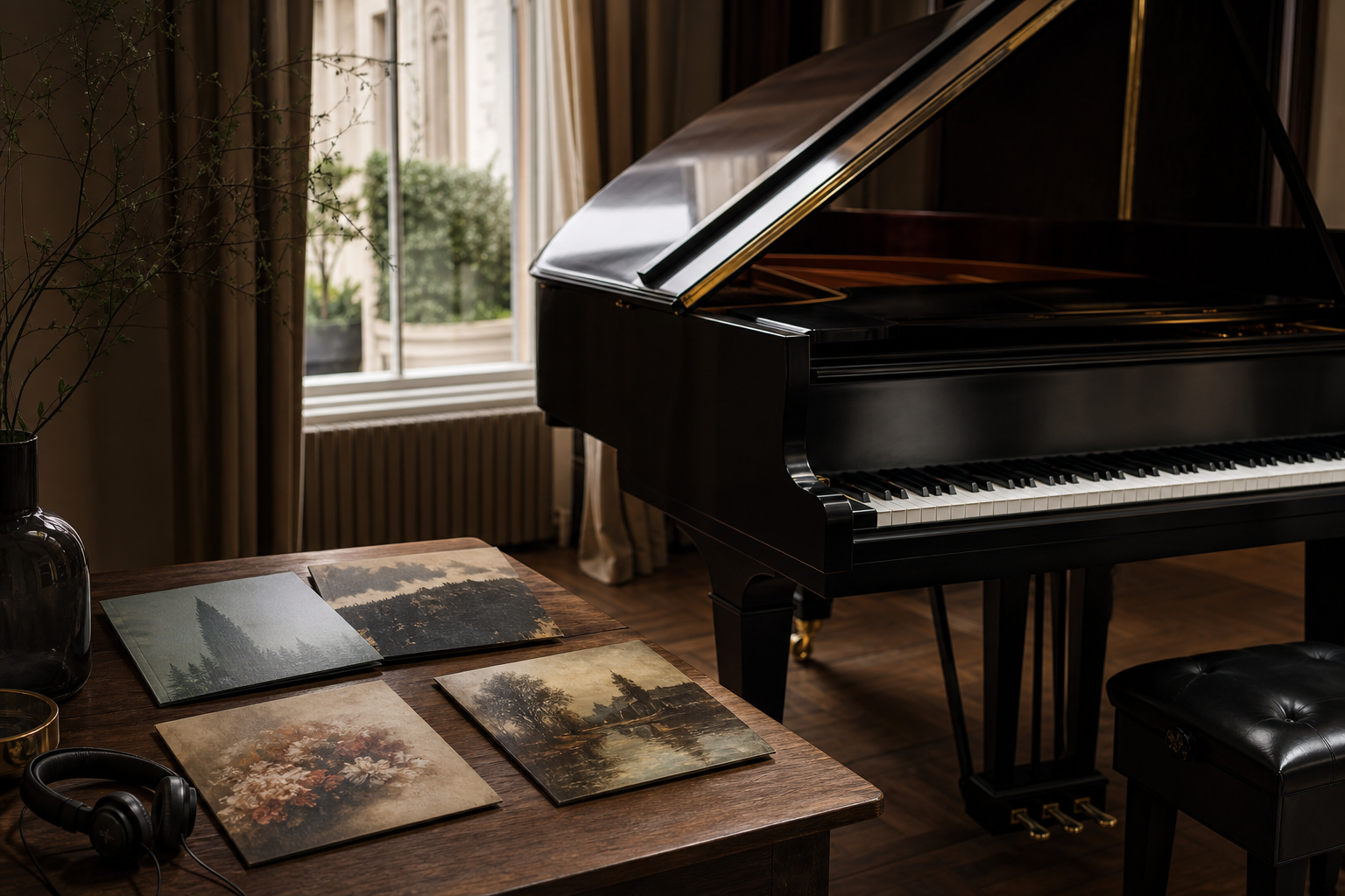 Nelson Freire recordings and curated listening guide beside a complete grand piano
