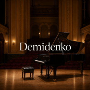 Nikolai Demidenko article hero with centred Demidenko title at a London concert grand piano